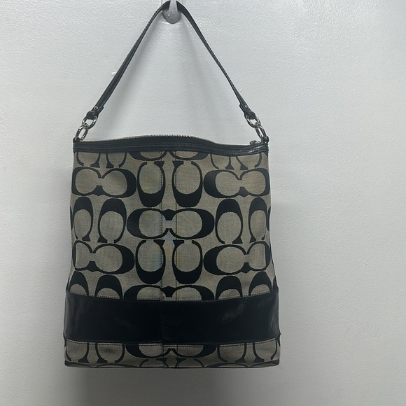 Coach Chelsea Signature Stripe Hobo Bag Shoulder Purse Canvas 12824 Black Gray - Picture 1 of 13